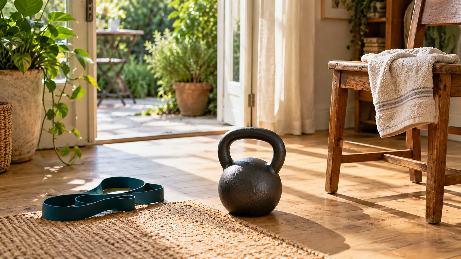 A kettlebell and resistance band in a sunlit home exercise space